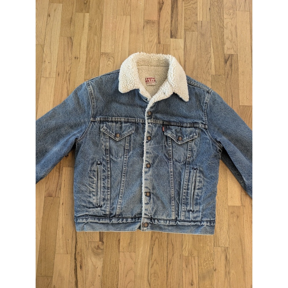 VTG 80s Levis Sherpa Lined Denim Trucker Jacket USA Made 70608 42R Streetwear - Picture 2 of 16